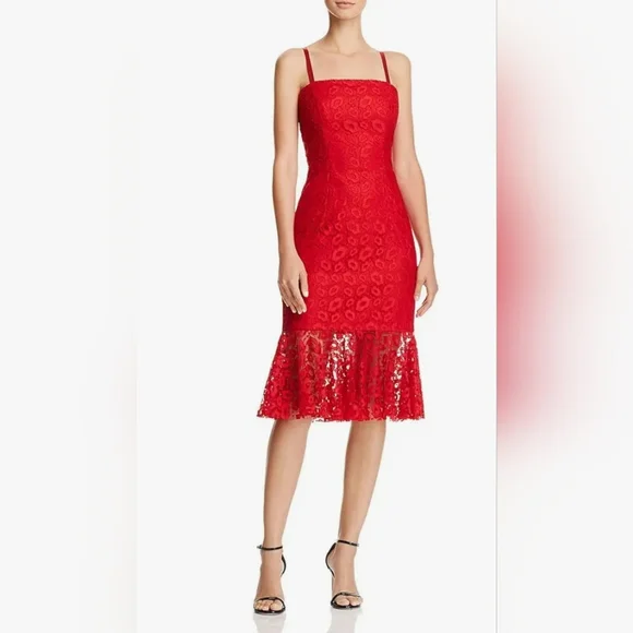 MILLY Kiss Red Lace Spaghetti Strap Slim Grace Dress With Flounce Hem - Picture 2 of 16